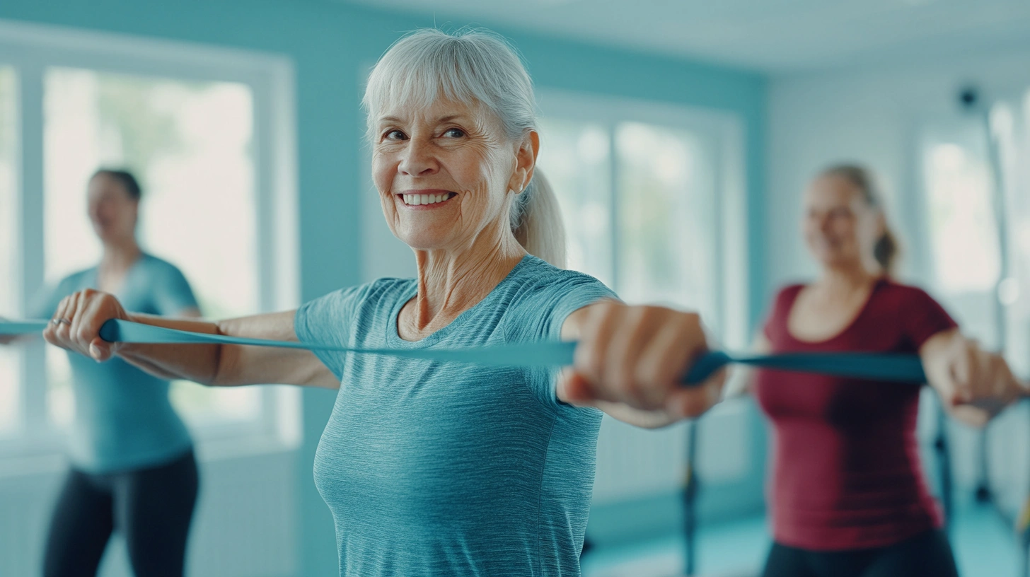 Активні люди старшого віку займаються спортом у клубі drosmik